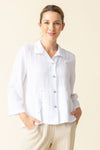 Habitat Travel Pleat Back Jacket in White.  Spread collar button down with matching novelty buttons.  2 front angled pockets with flap detail.  3/4 sleeve. Back yoke with 3 button tab detail.  High low hem.  A line shape. Relaxed fit._t_59962226016622