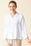 Habitat Travel Pleat Back Jacket in White.  Spread collar button down with matching novelty buttons.  2 front angled pockets with flap detail.  3/4 sleeve. Back yoke with 3 button tab detail.  High low hem.  A line shape. Relaxed fit._t_59962226082158