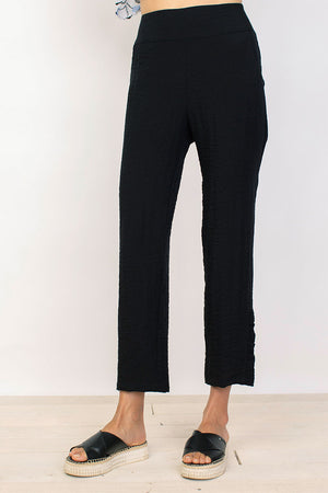 Habitat Travel Ruched Ankle Pant in Black.  Pull on textured pant with wide dropped waistband.  2 front slash pockets.  Ruching detail at side leg.  27" inseam._35123404013768