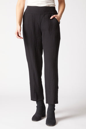 Habitat Travel Ruched Ankle Pant in Black.  Pull on textured pant with wide dropped waistband.  2 front slash pockets.  Ruching detail at side leg.  27" inseam._61477088592238