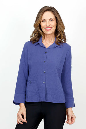 Habitat Travel Jill Shirt in Midnight.  Textured button down with pointed collar.  Bracelet length sleeve with split cuff.  Single front patch pocket with button closure.  Side slits. Boxy shape.  Relaxed fit._61457476944238