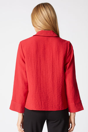 Habitat Travel Jill Shirt in Ruby.  Textured button down with pointed collar.  Bracelet length sleeve with split cuff.  Single front patch pocket with button closure.  Side slits. Boxy shape.  Relaxed fit._61457476911470
