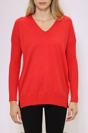 Metric V Neck Ribbed Sleeve Sweater in Red. V neck sweater with dropped shoulder and long ribbed sleeve. Ribbed hem with side slits. Relaxed fit._34776347738312