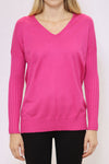 Metric V Neck Ribbed Sleeve Sweater in Bright Rose. V neck sweater with dropped shoulder and long ribbed sleeve. Ribbed hem with side slits. Relaxed fit._t_34771093061832