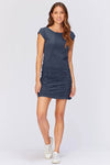Wearables Aviana Dress in Navy. Crew neck short sleeve dress with ruching through skirt. Cotton poplin with jersey inserts on top to create contour seam effect. Fitted._t_34335846629576