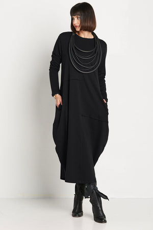Planet French Terry Bubble Dress in Black.  Crew neck long sleeve dress with bubble shape and cinched hem.  Asymmetric seam detail in front.  Oversized fit.  One size fits many.  _61187812098414