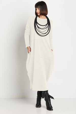 Planet French Terry Bubble Dress in Stone.  Crew neck long sleeve dress with bubble shape and cinched hem.  Asymmetric seam detail in front.  Oversized fit.  One size fits many.  _61187812163950