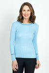 Metric Ribbed Crew Neck Sweater in sky Blue.  Narrow rib sweater with royal blue tipping at neck and hem.  Long sleeves. Slightly fitted._t_36302357987528