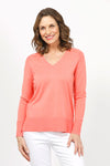 Metric Ribbed Shoulder Sweater in Bright Coral.  V neck sweater with ribbed detail at saddle shoulder.  Long sleeves.  Ribbed at neck, cuff and hem.  Relaxed fit._t_35065991823560