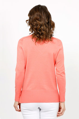 Metric Ribbed Shoulder Sweater in Bright Coral. V neck sweater with ribbed detail at saddle shoulder. Long sleeves. Ribbed at neck, cuff and hem. Relaxed fit._35065991889096