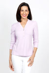 Metric 3 Button Henley Sweater in Lavender.  V neck with 3 button placket.  Gold tone buttons.  3/4 sleeve with puffed shoulder.  Straight hem.  Body skimming fit. _t_35104610222280