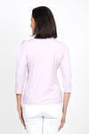 Metric 3 Button Henley Sweater in Lavender. V neck with 3 button placket. Gold tone buttons. 3/4 sleeve with puffed shoulder. Straight hem. Body skimming fit._t_35104610156744