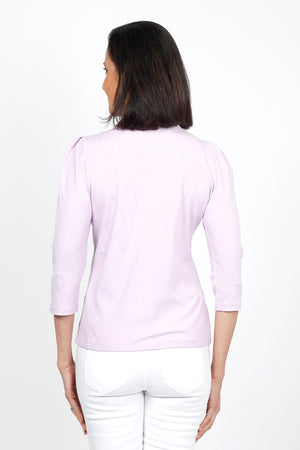 Metric 3 Button Henley Sweater in Lavender. V neck with 3 button placket. Gold tone buttons. 3/4 sleeve with puffed shoulder. Straight hem. Body skimming fit._35104610156744