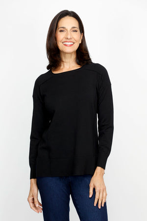 Metric Side Seam Sweater in Black.  Square neck long sleeve sweater with dropped shoulder.  Raised seam detail at shoulders.  Off center raised seams in front and back.  Deep rib at hem and cuff. Side slits.  Relaxed fit._61376537657710
