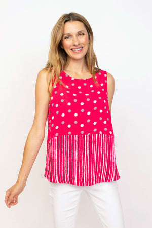 Habitat Travel Mix Side Button Tank in Rose.  Mixed dot print and vertical stripes.  Crew neck sleeveless tank with functional side buttons.  Back yoke.  Inverted back pleat.  Relaxed fit._35407324315848