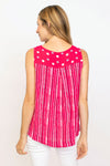 Habitat Travel Mix Side Button Tank in Rose. Mixed dot print and vertical stripes. Crew neck sleeveless tank with functional side buttons. Back yoke. Inverted back pleat. Relaxed fit._t_35407324348616