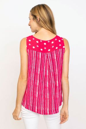 Habitat Travel Mix Side Button Tank in Rose. Mixed dot print and vertical stripes. Crew neck sleeveless tank with functional side buttons. Back yoke. Inverted back pleat. Relaxed fit._35407324348616