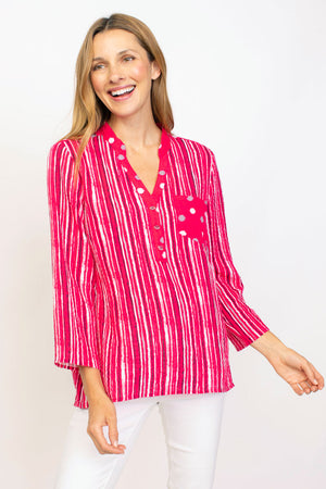Habitat Travel Mix Mandarin Shirt in Rose.  Multi stripe print with dot print accents.  Mandarin collar with split v neck and 3 button placket.  3/4 sleeve.  Back dot yoke.  Dot print collar and placket.  Dot print single breast patch pocket.  Relaxed fit._35353324191944