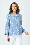 Habitat Travel Circle Pleat Back Jacket in Rain blue with a white circle print.  Spread collar button down jacket with novelty buttons.  3/4 sleeve.  2 front angled pouch pockets with sewn flap detail.  Back center tab with 3 button detail and soft pleating. Relaxed fit._t_59962933412206