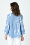 Habitat Travel Circle Pleat Back Jacket in Rain blue with a white circle print.  Spread collar button down jacket with novelty buttons.  3/4 sleeve.  2 front angled pouch pockets with sewn flap detail.  Back center tab with 3 button detail and soft pleating. Relaxed fit._t_59962933379438