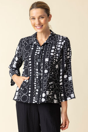Habitat Travel Circle Pleat Back Jacket in Black with a white circle print.  Spread collar button down jacket with novelty buttons.  3/4 sleeve.  2 front angled pouch pockets with sewn flap detail.  Back  center tab with 3 button detail and soft pleating. Relaxed fit._59962933477742