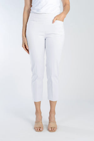 The Holland Ave Millennium Crop with Pocket in White. Techno stretch pull on pant with 2 front slash pockets. 2 1/2" waistband. Slim through leg. 26" inseam._34960222060744