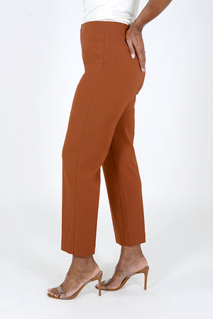 Lolo Luxe Palermo Slim Pant in Paparika. Pull on pant with elasticized hidden waist. Faux zipper placket. Snug through middle and slim through leg. 28" inseam._34615745577160
