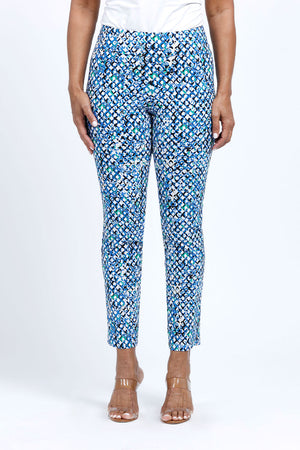 Holland Ave Abstract Bubbles Ankle Pant.  Blue green and black small trellis print on a white background.  Pull on pant with 2 1/2" curved waistband.  Snug through hip and thigh, falls straight to hem.  28" inseam._34900034584776