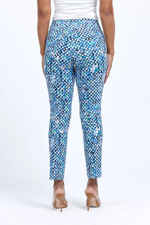 Holland Ave Abstract Bubbles Ankle Pant. Blue green and black small trellis print on a white background. Pull on pant with 2 1/2" curved waistband. Snug through hip and thigh, falls straight to hem. 28" inseam._34900034715848