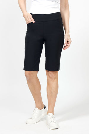 Holland Ave Bermuda Short in Black.  2 1/2" waistband with 2 front slash pockets.  11" inseam.  Snug through stomach and hip, slim to hem._34995042189512