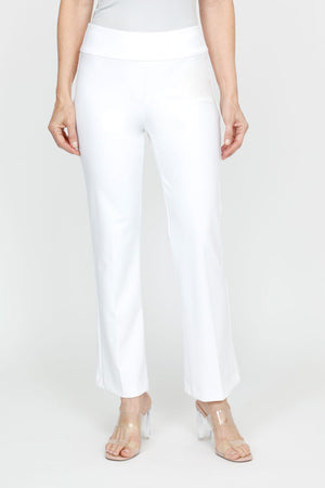 Holland Ave Ponte Boot Cut Pant in White.  2 1/2" waistband pull on pant.  Slim through thigh; flares to hem.  29" inseam._61430222848366