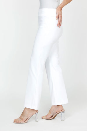 Holland Ave Ponte Boot Cut Pant in White.  2 1/2" waistband pull on pant.  Slim through thigh; flares to hem.  29" inseam._61430222815598