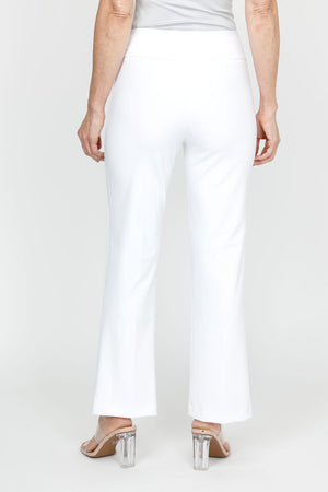 Holland Ave Ponte Boot Cut Pant in White.  2 1/2" waistband pull on pant.  Slim through thigh; flares to hem.  29" inseam._61430222881134