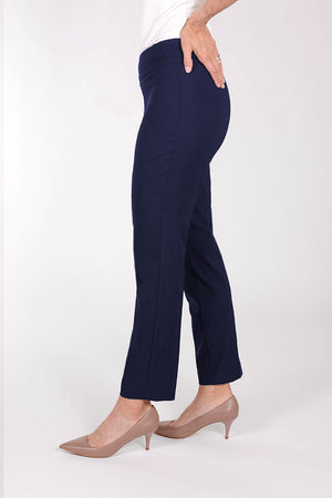 Holland Ave Millennium Ankle Pant in Navy. Pull on pant with 2 1/2" curved waistband. Tight through hip and thigh, straight through leg. 28" inseam_34827128438984
