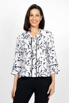 Habitat Travel Placket Shirt in White. Gray and black soft floral print on a white background. Spread collar button down shirt with single exposed novelty button and hidden button placket. 3/4 sleeve with tulip hem. Black piping trim on placket and cuff. Relaxed fit._t_35135369314504