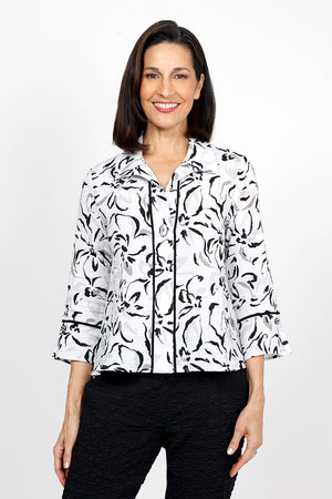 Habitat Travel Placket Shirt in White. Gray and black soft floral print on a white background. Spread collar button down shirt with single exposed novelty button and hidden button placket. 3/4 sleeve with tulip hem. Black piping trim on placket and cuff. Relaxed fit._35135369314504