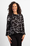 Habitat Travel Drape Collar Top in Black. White line print on a black background. Soft drape cowl neck 3/4 sleeve top. Tiered pleated hem. A line shape. Relaxed fit._t_34550891446472