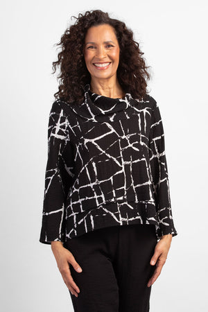 Habitat Travel Drape Collar Top in Black. White line print on a black background. Soft drape cowl neck 3/4 sleeve top. Tiered pleated hem. A line shape. Relaxed fit._34550891446472