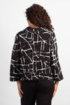 Habitat Travel Drape Collar Top in Black. White line print on a black background. Soft drape cowl neck 3/4 sleeve top. Tiered pleated hem. A line shape. Relaxed fit._t_34550891544776