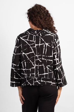 Habitat Travel Drape Collar Top in Black. White line print on a black background. Soft drape cowl neck 3/4 sleeve top. Tiered pleated hem. A line shape. Relaxed fit._34550891544776