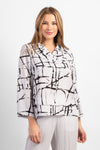 Habitat Travel Drape Collar Top in Putty.  Black line print on a cream background.  Soft drape cowl neck 3/4 sleeve top.  Tiered pleated hem.  A line shape. Relaxed fit._t_34550891151560