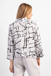Habitat Travel Drape Collar Top in Putty. Black line print on a cream background. Soft drape cowl neck 3/4 sleeve top. Tiered pleated hem. A line shape. Relaxed fit._t_34550891512008