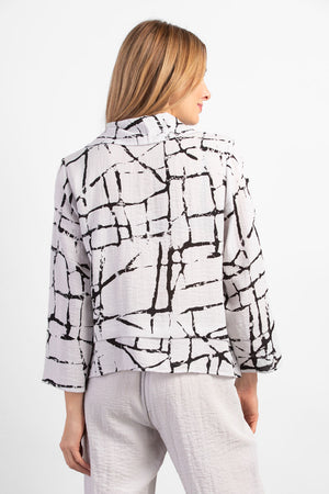 Habitat Travel Drape Collar Top in Putty. Black line print on a cream background. Soft drape cowl neck 3/4 sleeve top. Tiered pleated hem. A line shape. Relaxed fit._34550891512008