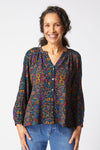 Habitat Vine Romance Shirt in Black.  Delicate multi colored floral print on black background.  Banded crew with notched v.  Button down.  Raglan bracelet sleeve with button cuff.  Side slits.  Boxy shape.  Relaxed fit._t_61286665650542