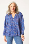 Habitat Vine Romance Shirt in Ink.  Delicate multi neutral floral print on ink blue background.  Banded crew with notched v.  Button down.  Raglan bracelet sleeve with button cuff.  Side slits.  Boxy shape.  Relaxed fit._t_61286665716078