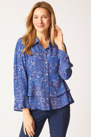Habitat Vine Flounce Bracelet Shirt in Ink.  Multi floral print on ink blue.  Pointed collar button down with bracelet length sleeve and bell cuff.  Tiered peplum.  Relaxed fit._61286997688686