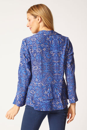 Habitat Vine Flounce Bracelet Shirt in Ink.  Multi floral print on ink blue.  Pointed collar button down with bracelet length sleeve and bell cuff.  Tiered peplum.  Relaxed fit._61286997721454