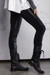 Planet Vegan Leather Sexy Legging in Black/Black. Elastic waist pull on legging. Front is vegan leather, back half is jersey. Ruching at bottom._t_61181348381038