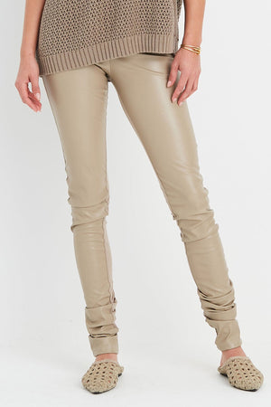 Planet Vegan Leather Sexy Legging in Fawn/Fawn.  Elastic waist pull on legging.  Front is vegan leather, back half is jersey.  Ruching at bottom._61188977951086