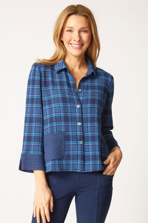 Habitat Plaid Mixed Pocket Shirt in Navy.  Plaid in shades of blue.  Pointed collar button down a line shirt.  Blue checked front patch pocket.  3/4 sleeve with checked split cuff.  Relaxed fit._61472554942830